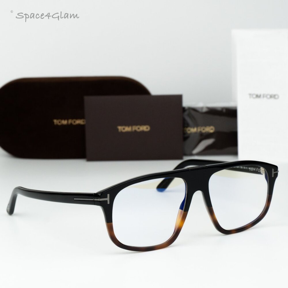 Tom Ford Women Eyeglasses Black Havana Blue Block Aviator FT5901-B-N 056 NEW